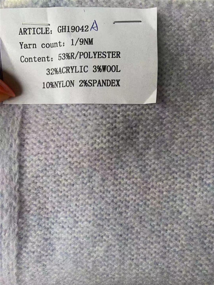1/9NM 53%R/Polyester 32%Acrylic 3%Wool 10%Nylon 2%Spandex